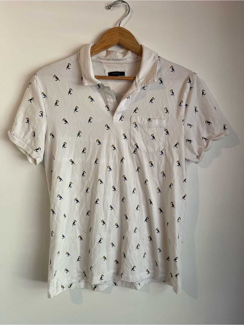 RW&CO Toucan Bird Print Polo Shirt Short Sleeve White Size M